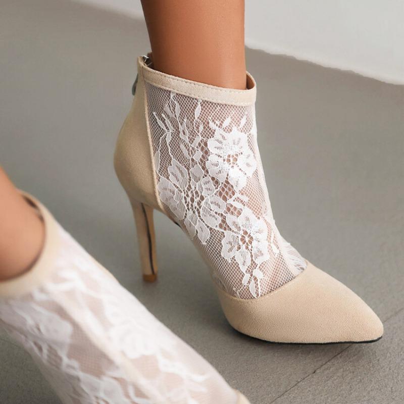 Sexy stilettstøvler kvinner Blomster blonder Mesh Nett naken ankelstøvletter Tynne høyhælte pek-tå sko stor størrelse 48