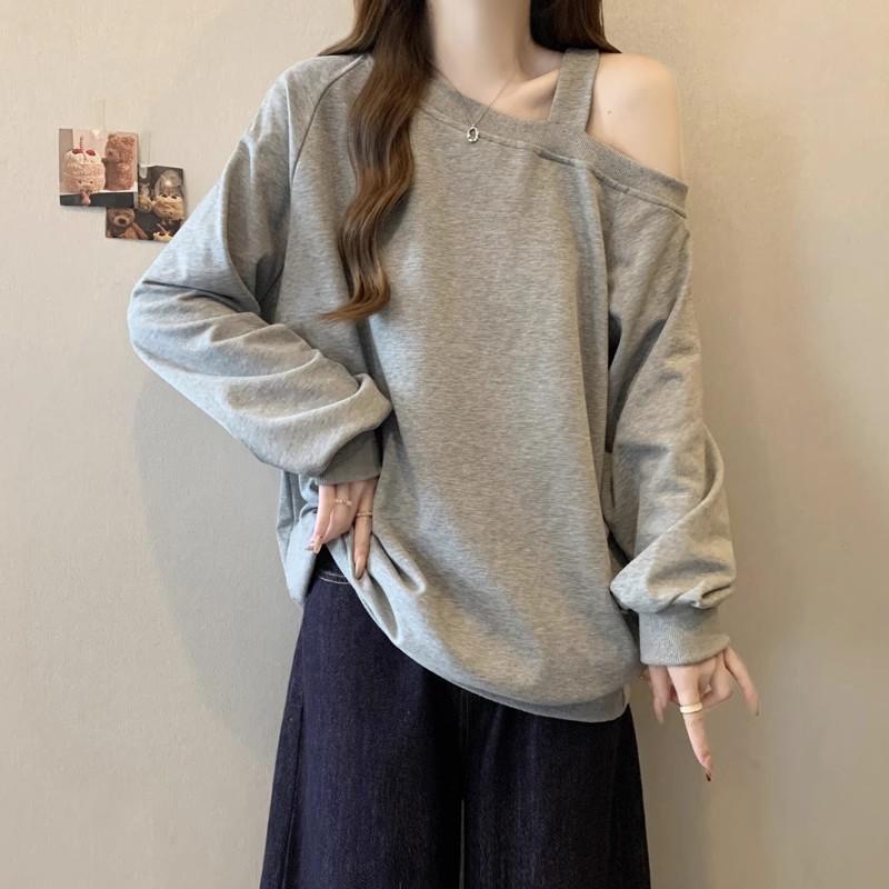 Oblique neck off-the-shoulder sweater women's autumn and winter fleece thickened new loose long-sleeved tops and clothes