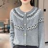 Women's Autumn-Winter Color Block 100% Wool Jacquard Cardigan – Round Neck, Age-Reducing, Versatile Knitwear