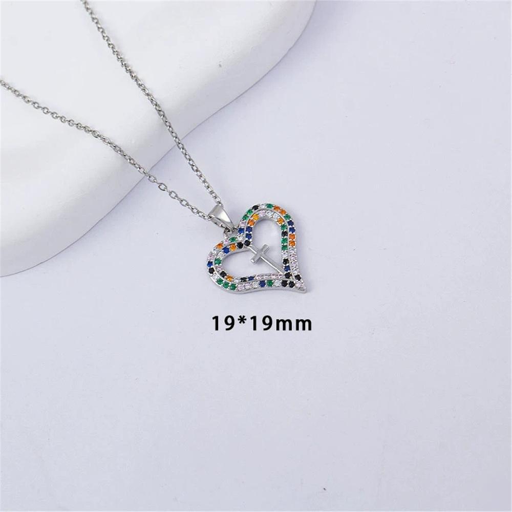 Charm Female Cross Heart Rainbow Zircon Stone Pendant Necklace Vintage Silver Color Wedding For Women