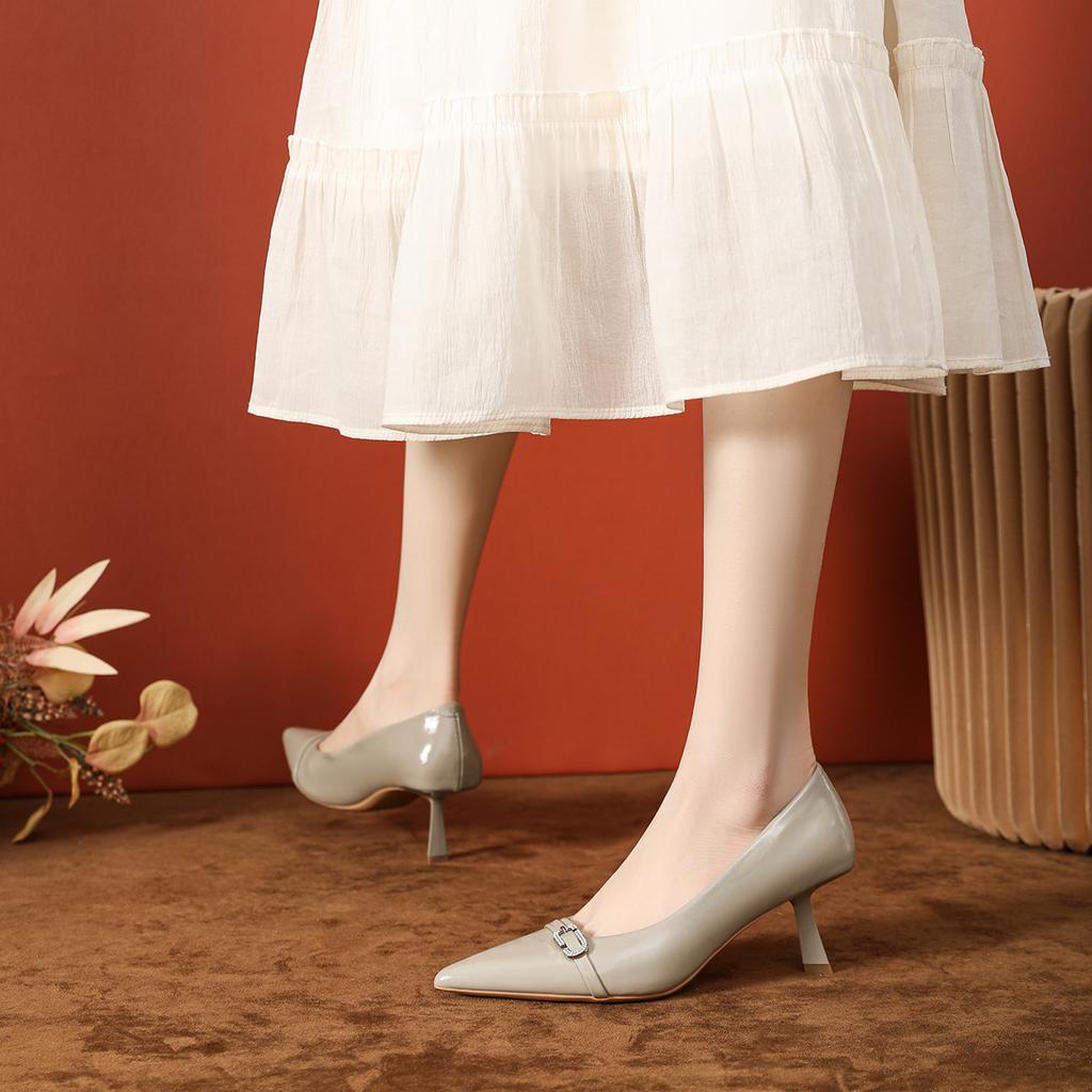 Spring rhinestone buckle one pedal super soft single shoes shallow mouth women, new white women pointed high heels are not tired