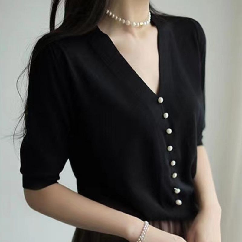 

Женские модные повседневные однотонные блузки и рубашки с v-образным вырезом и короткими рукавами с принтом L чёрный