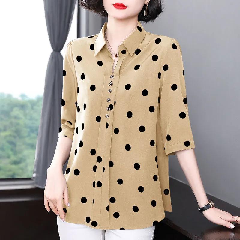 Women's Summer Clothing, Plus Size, Medium Sleeves, Polka Dot Chiffon Shirt, Loose-fitting Casual Top for Middle-aged Mothers