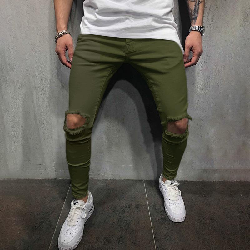 Herren Europäischer & Amerikanischer Stil Skinny Fit Lässige Einfarbige Zerrissene Mid-Waist Hose