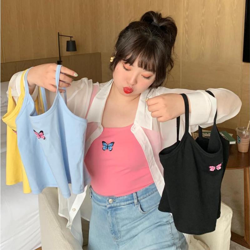 Women's Tops Large Size Butterfly Embroidery Undershirt Solid Color Inside The Thin Straps Backless Sleeveless Tops