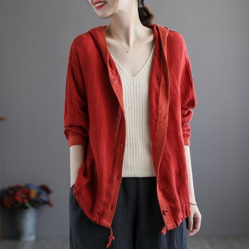 

Cotton and Linen Cardigan Women s Summer Loose Hooded Long-sleeved Top Thin Short Jacket XS бордовий