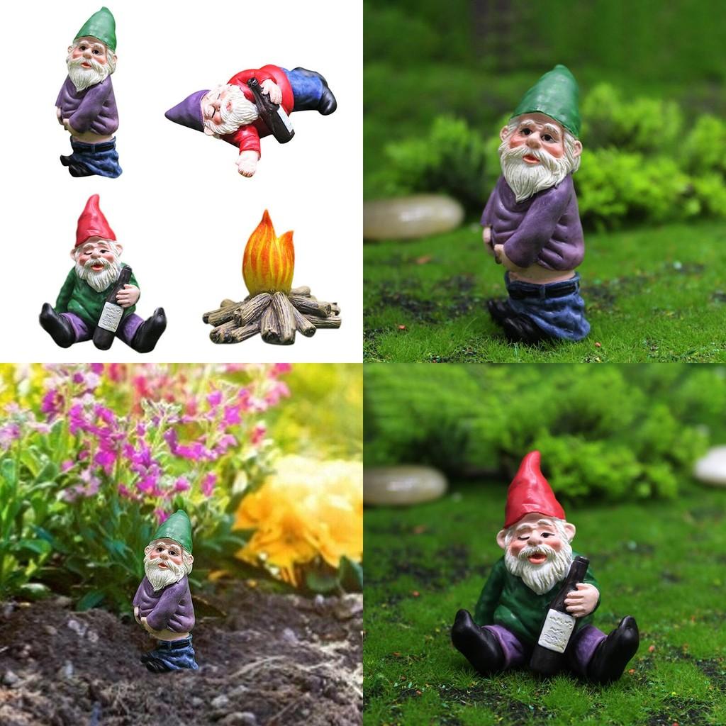 Set aus 4 Stück Miniatur Unartige Zwerg Statuen für skurrile Gartendekoration und Spaß