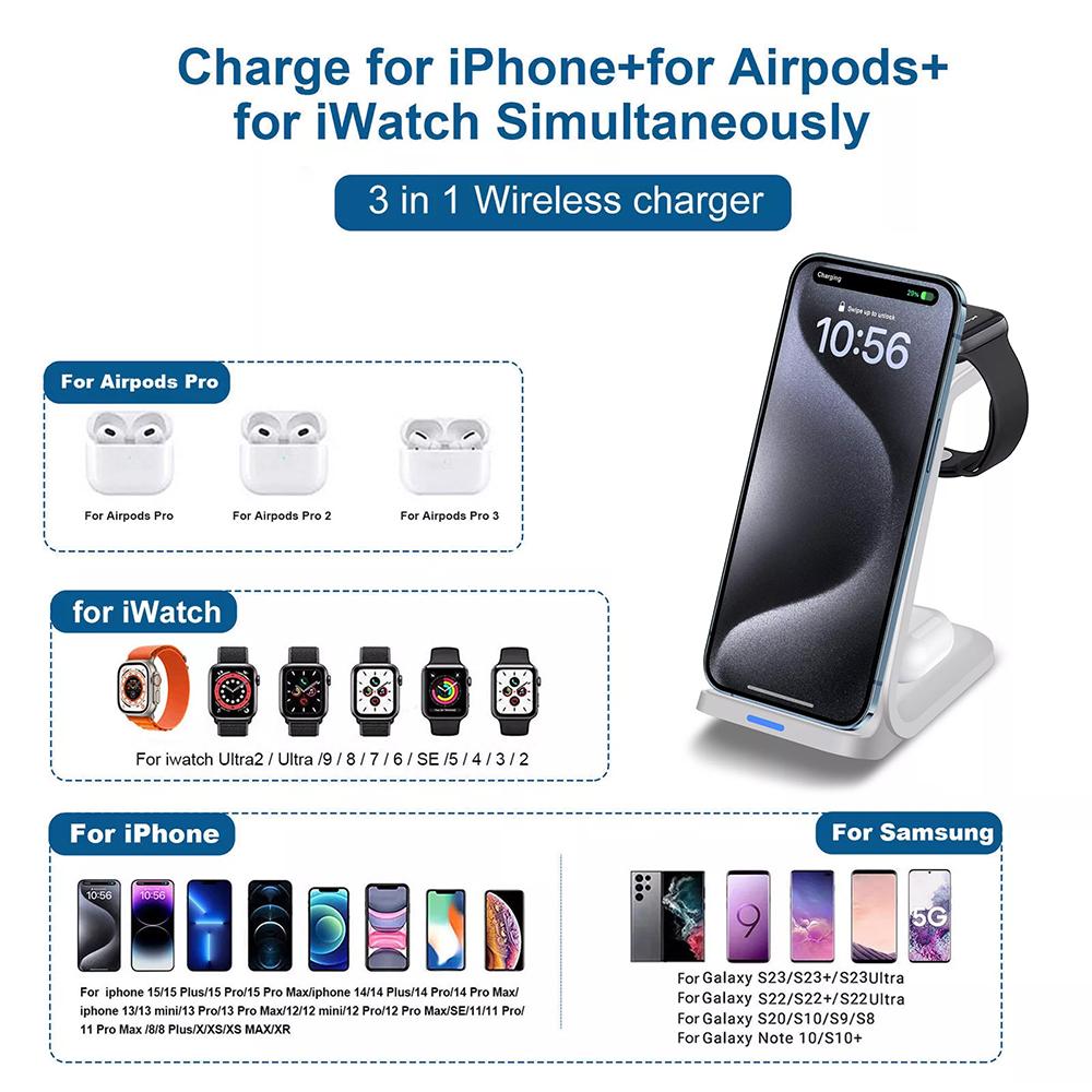 30W 3 In 1 Wireless Charger Stand Dock For iPhone Watch 8 7 Ultra2 SE AirPods 3 2 iPhone 15 14 13 Pro Max Fast Charging Station