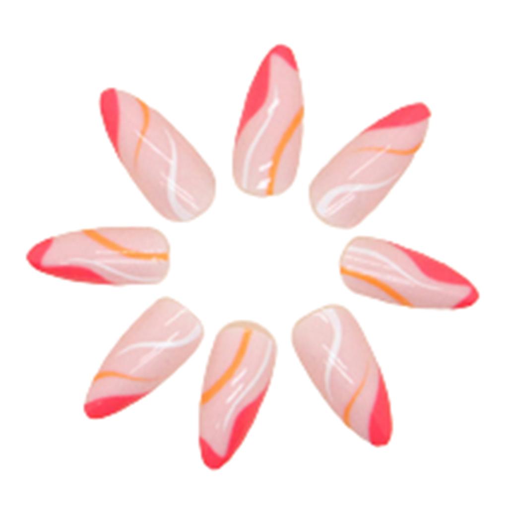 Pink & Rose Red Wave Printed Almond False Manicure Ultra-flexible Long Lasting Fake Nails for Women and Girl Nail Salon
