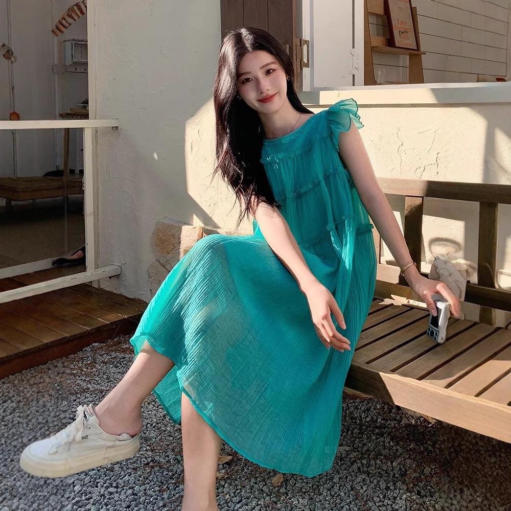 Coffee Break French Blue Small Flying Sleeve Dress Women's Summer High Sense Dopamine Seaside Resort Beach Long Skirt