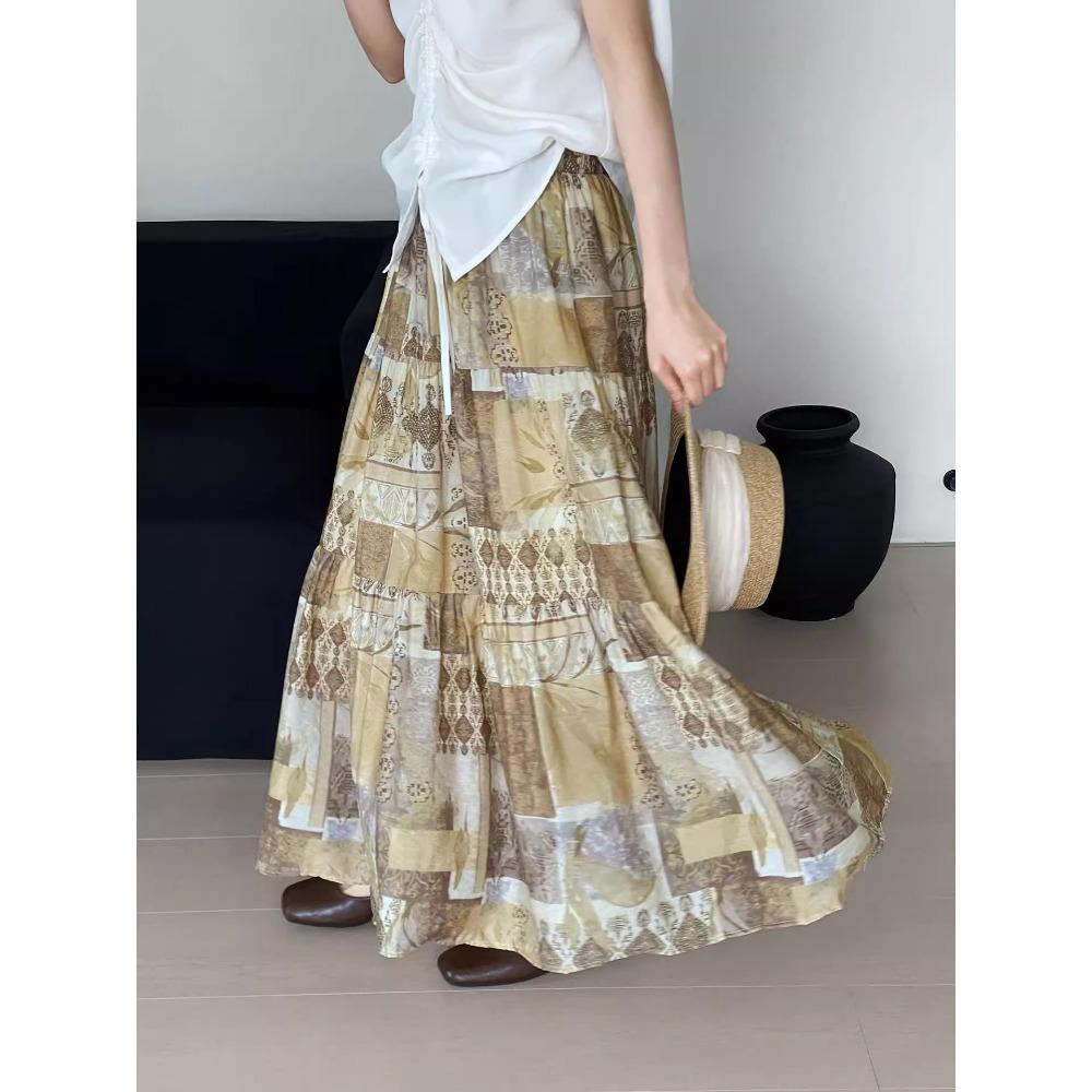 Dimanaf 2025 Summer Women Linen New Skirts Flower Vintage Elastic Pleated Elegant Skirts High Waist