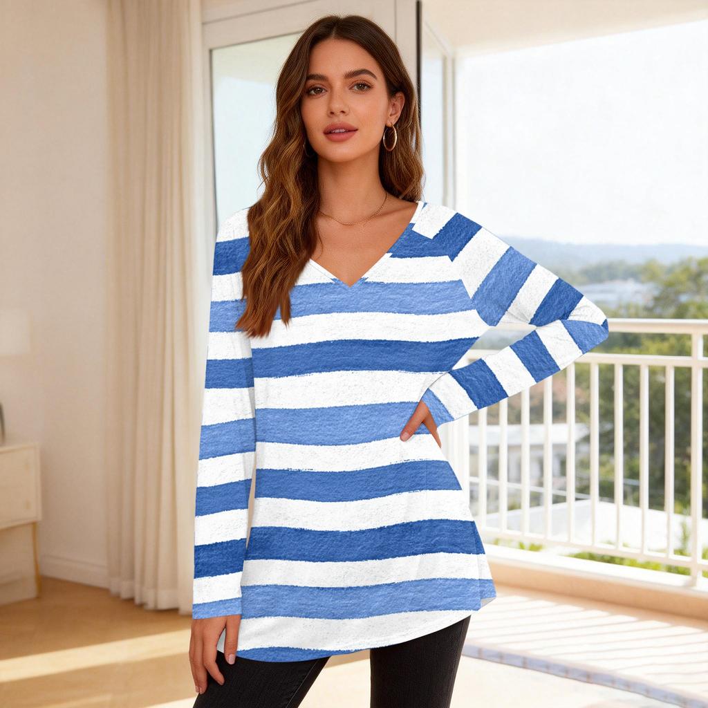 Women's Fashionable Casual Long-Sleeved Striped Print V-Neck Mid-Length Top
