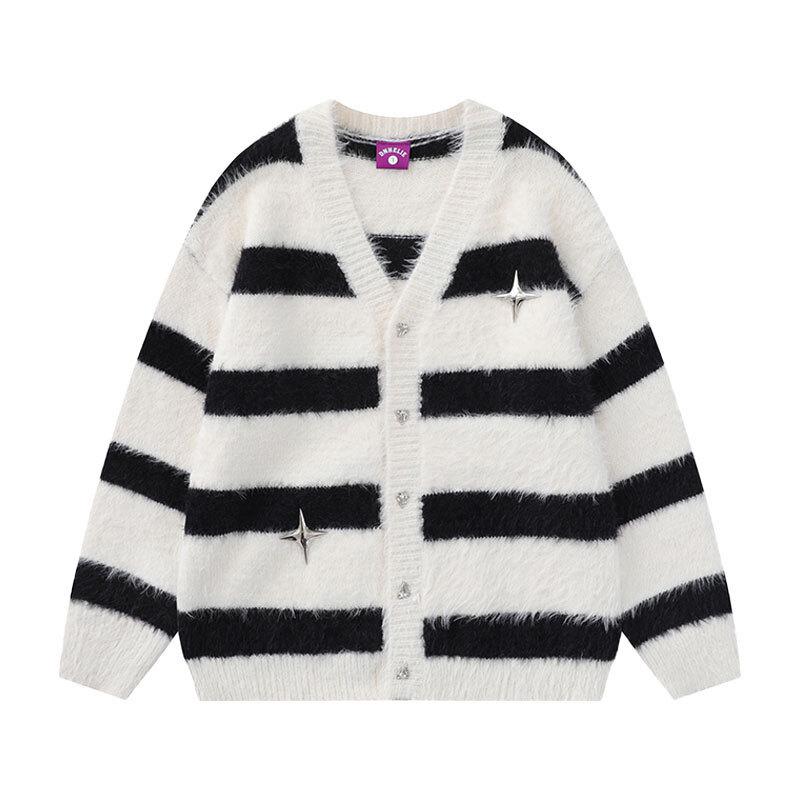 American Tide Gestreifter Cardigan aus Kunstmink-Fell - Unisex Lockerer Strickpullover