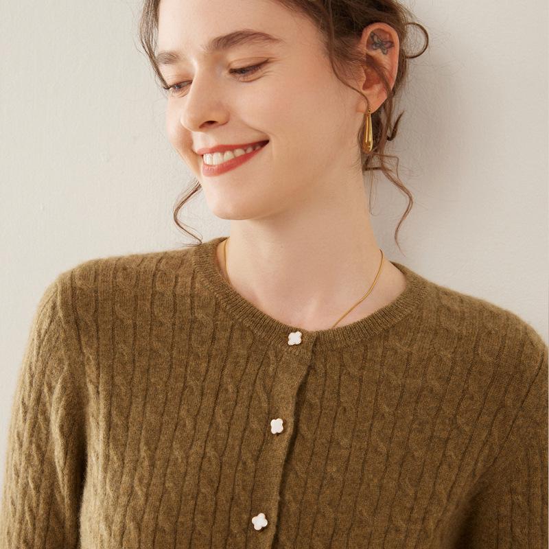 Women's Cashmere Cable Knit Round Neck Cardigan - Autumn/Winter Fashion Versatile Style.