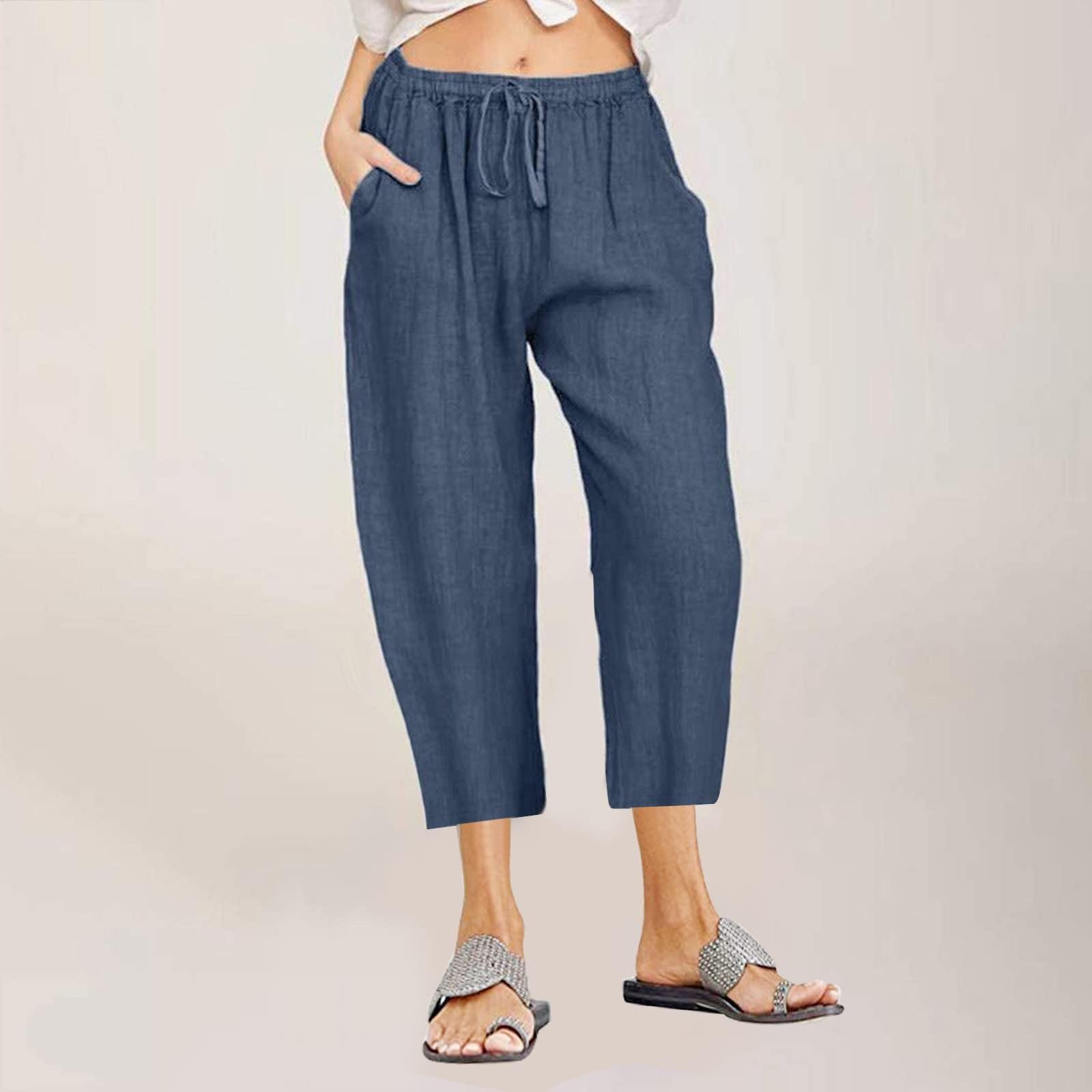 

Women Casual Pants Cotton Linen Drawstring Elastic Waist Wide Leg Pants Cropped Trousers For Women XXXL Темно-синій