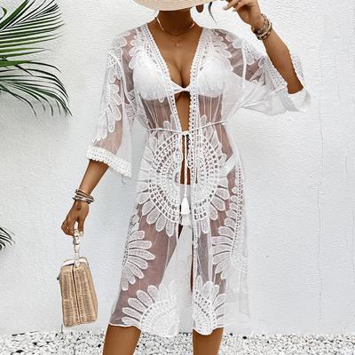 Summer Women's Lace Embroidered Cardigan Swimsuit Bikini Outer Beach Cover-ups