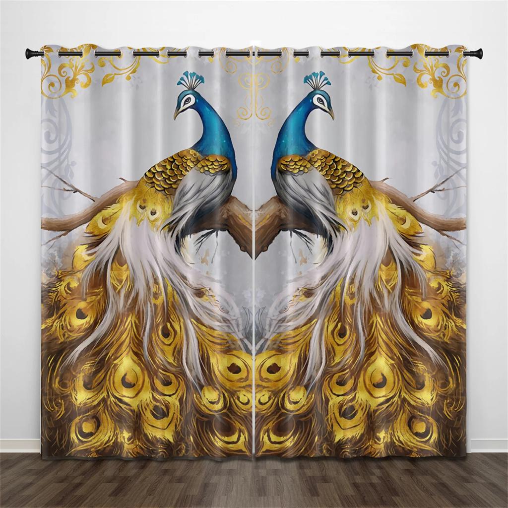 3D Luxury Home Decor Animal Peacock Gold Texture Curtains 2 Panel Living Room Bedroom Study Children's Room Decor