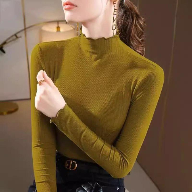 Threaded Half-turtle Collar Bottoming Shirt for Women, Autumn and Winter Slim-fitting Ear-rimmed Long-sleeved T-shirt for Women
