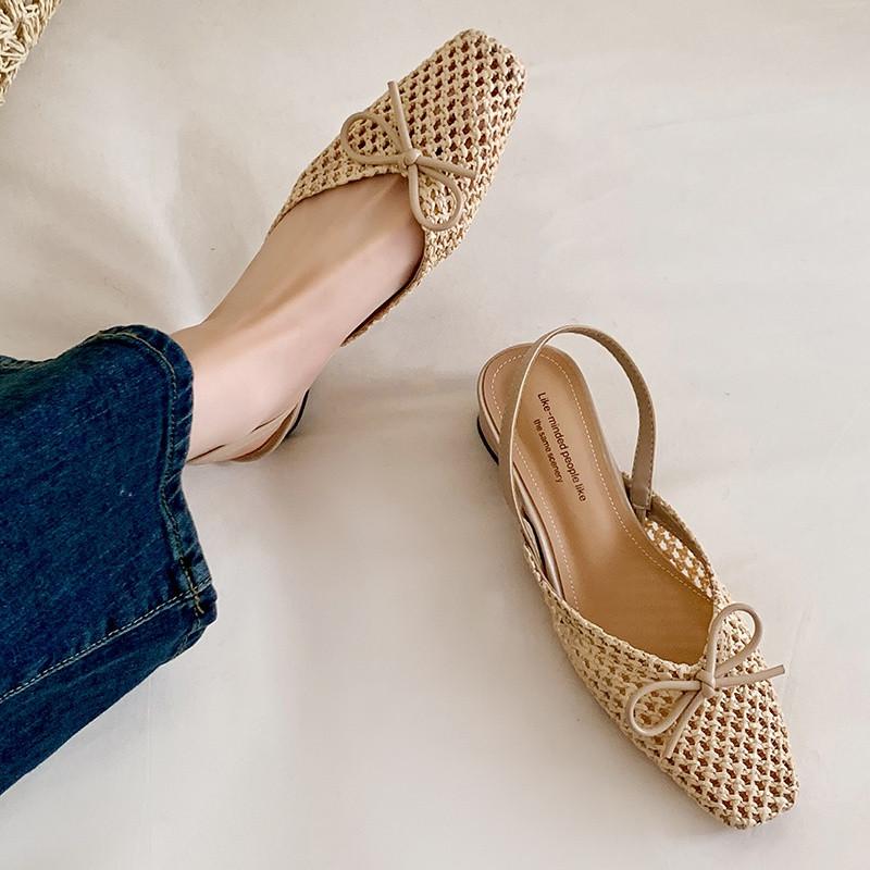 Fashion New Summer Sandals Square Toe Sandals for Women Low Heel Fashion Bow Decoration Hollow Out Sandals Breathable Ladies Shoes Women