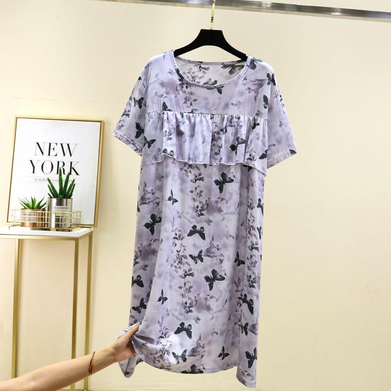 Bourette Short sleeve Dress Women Summer Thin Waist Hugging Home Dress Mid-Length A- line Skirt Artificial Cotton Loose Nightdress