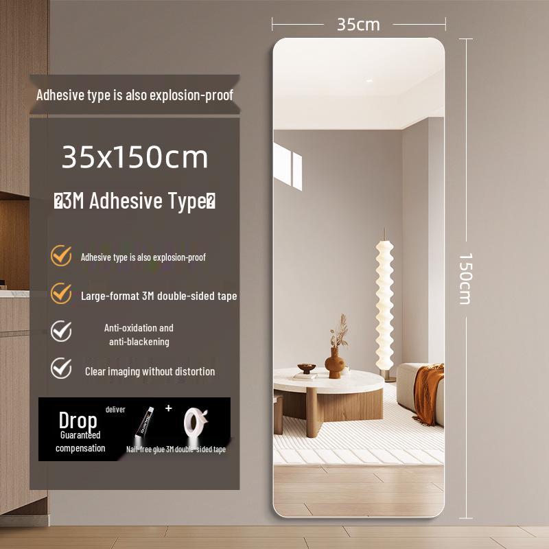 Self-Adhesive HD Full-Length Glass Mirror, Wall-Mounted, Explosion-Proof, Simple Style Dressing Mirror.