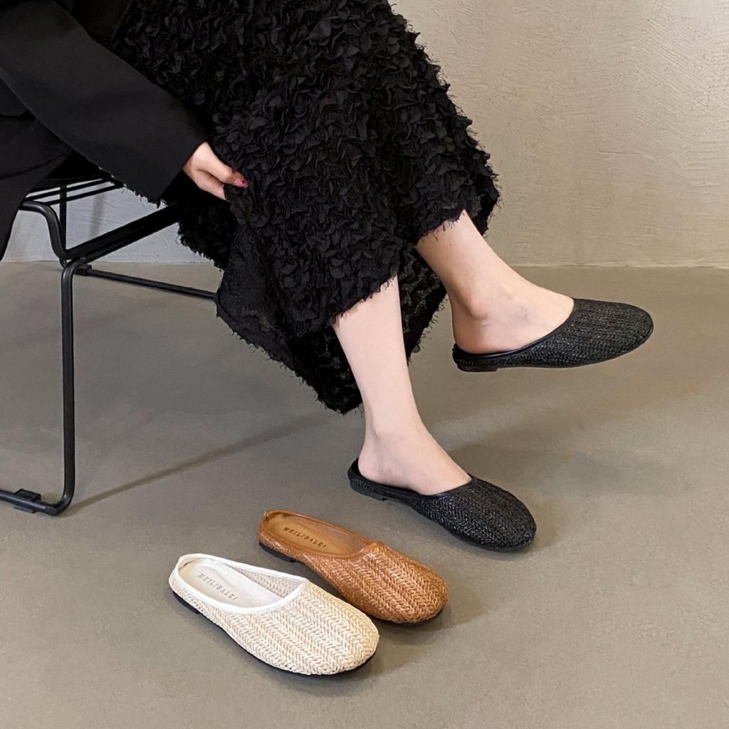 Breathable Woven Gentle Half Slippers Female Flat Bottom 2025 Spring and Summer Fairy with Skirt Retro Temperament Single Shoes