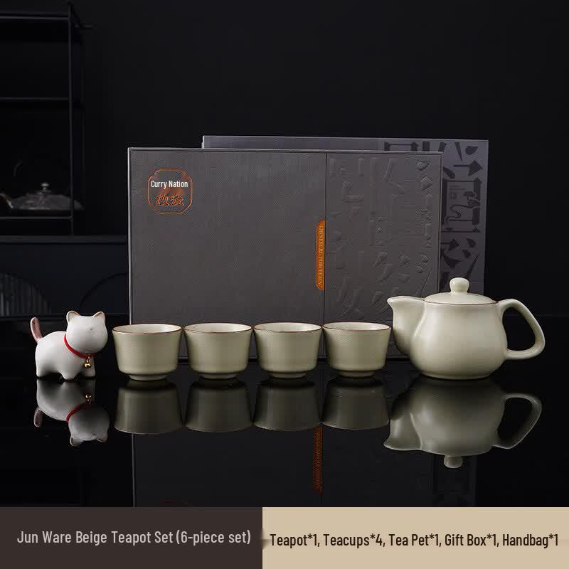 Ru Kiln Ceramic Tea Set with Tea Pet Cat