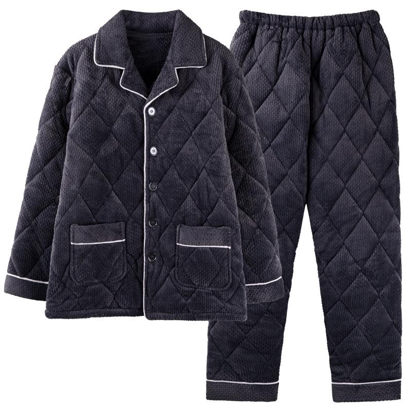 Pajamas Men'S Winter Winter Three-Layer Fleece Thickened Warm Clip Padded Jacket Large Size Coral Fleece Homewear Set Winter