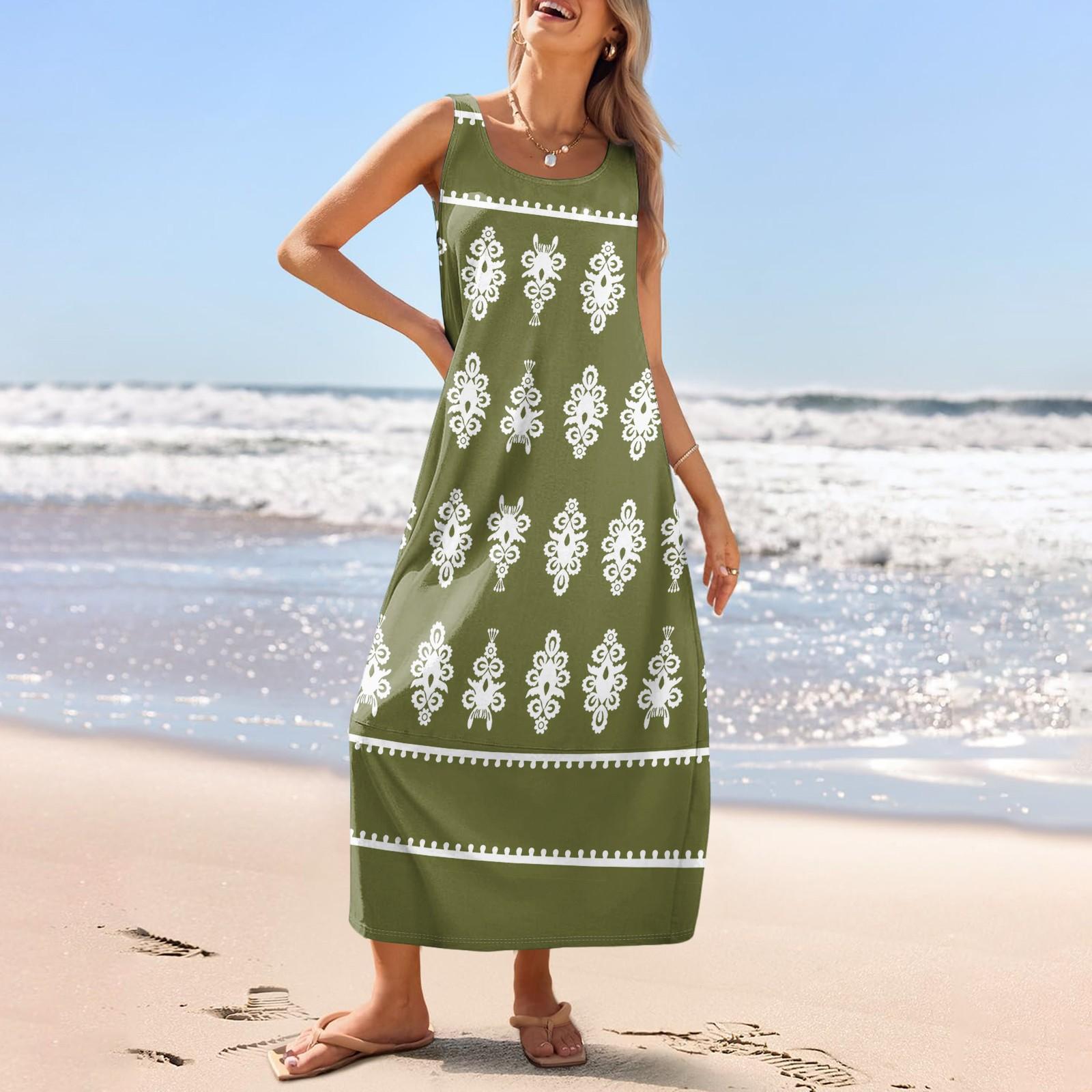 

Women s Casual Long-length Sundress Summer Beach Printing Dress Round Neck Sleeveless Loose Sundress L армія зелений колір