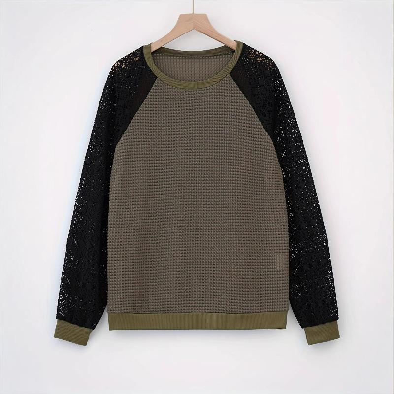 Women's Lace Top Crew Neck Long Sleeve Openwork Slim Fit Casual Blouse