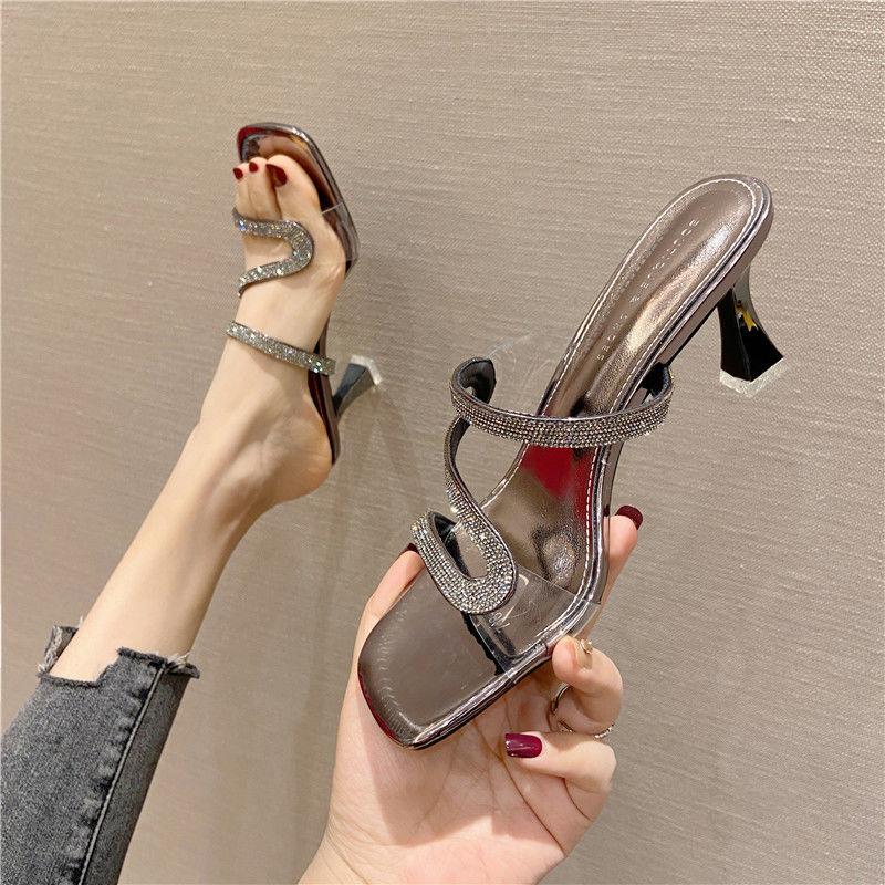2025 Summer New Rhinestone High Heels Women's Stiletto Mid-heel Open-toed Sandals One-word Buckle with Lazy Sandals Women