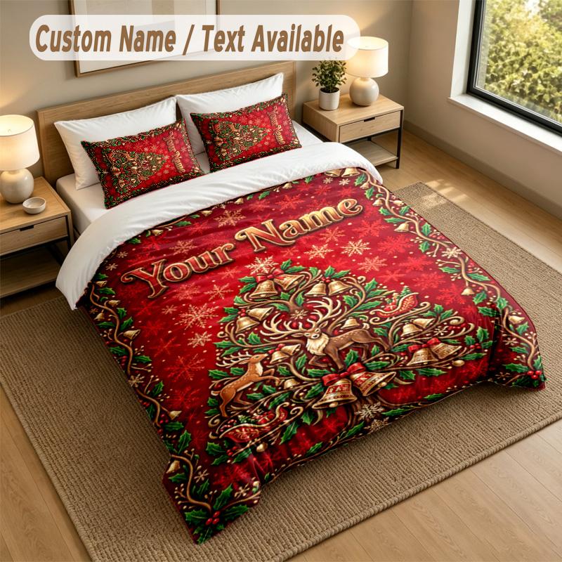 Christmas Theme Personalized 3Pcs Bedding Set Custom Text & Name 1 Sheet 2 Pillowcases Household Bedding 1pc