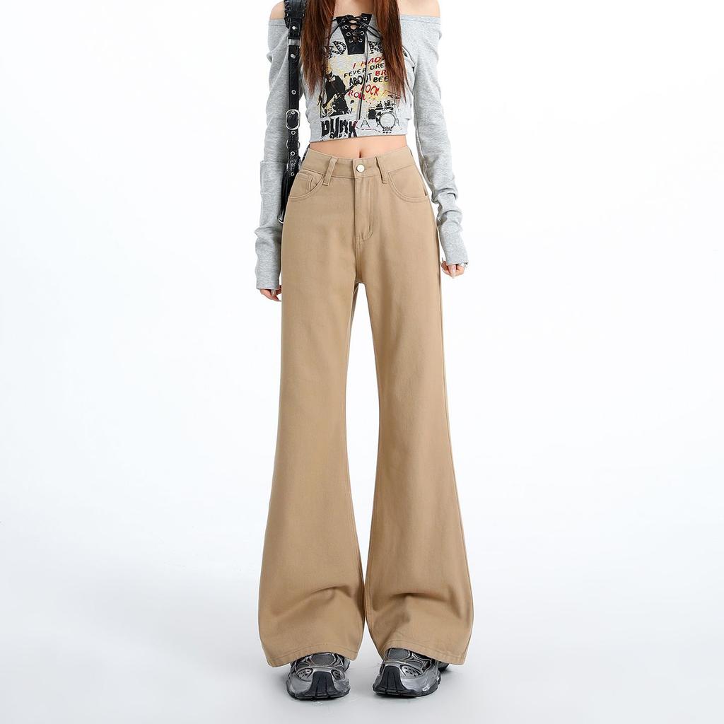 Early Spring Off White Khaki High Waist Slim Flare Floor Micro Wide Leg Denim Pants For Ladies Casual Pants Oversize Denim Trousers