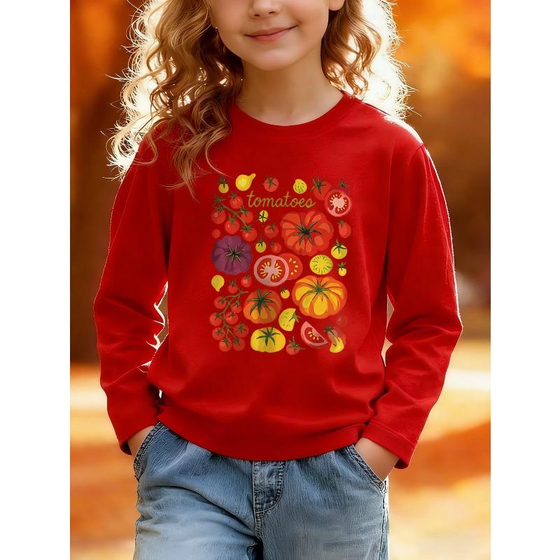 European sizes Long-Sleeved T-Shirt for Kids Featuring a Cartoon Tomato Design, Perfect for Everyday Casual Wear And an Excellent Gift Option