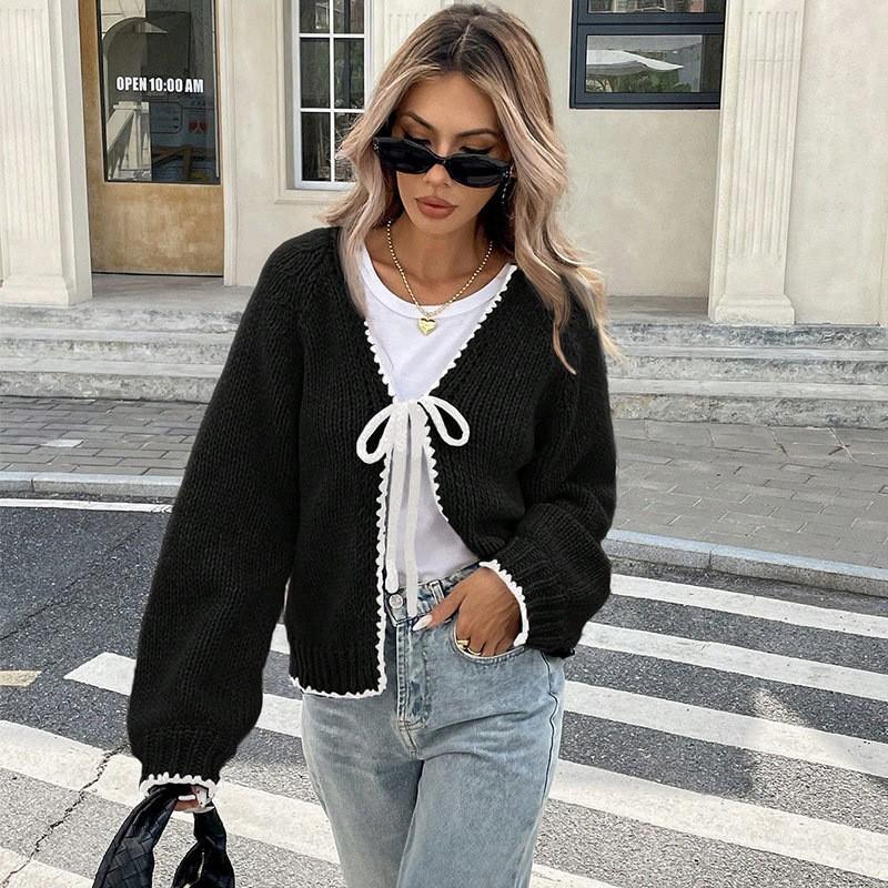 Womens Long Sleeve Knit Cardigan Contrast Trim Tie Front V Neck Sweater Fall