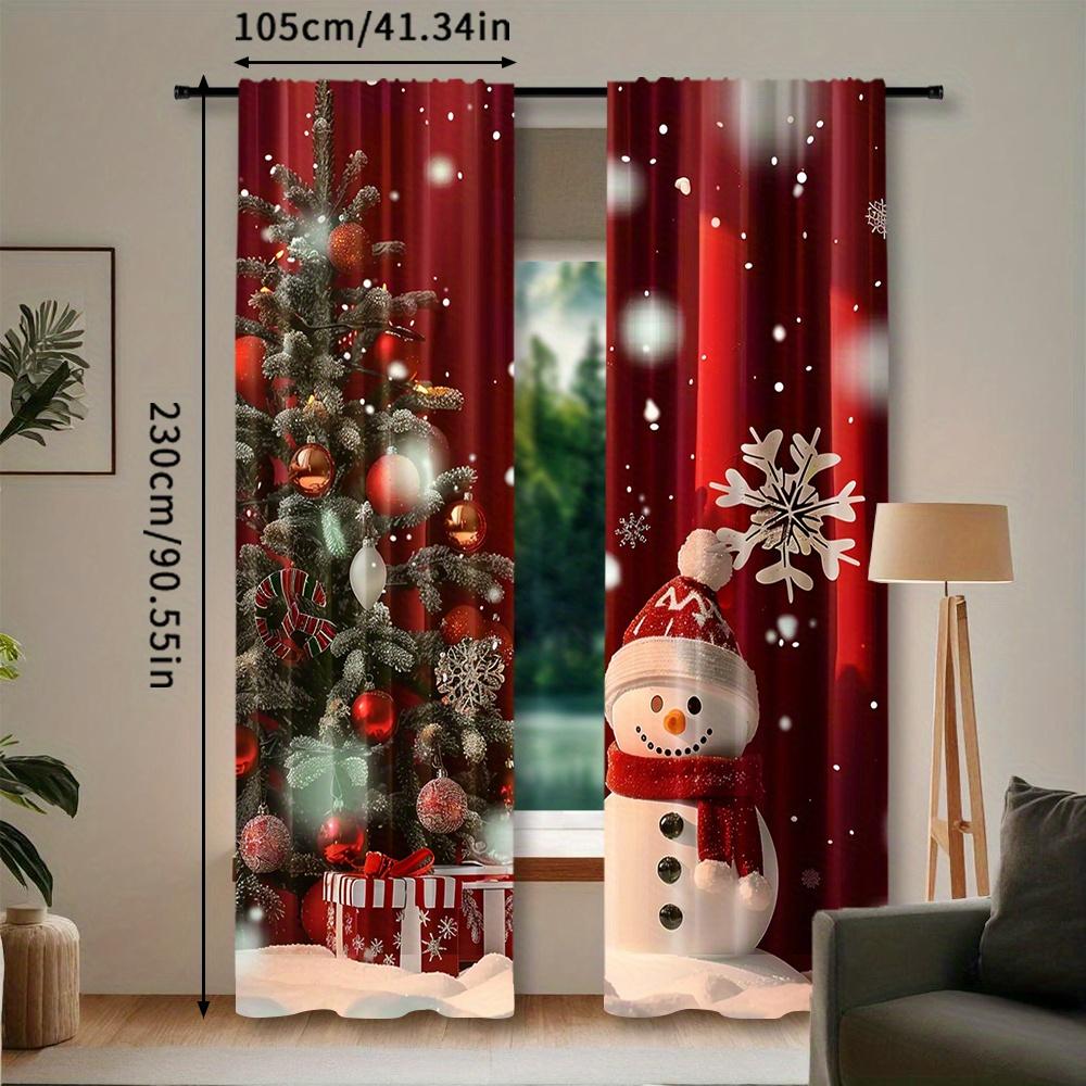2pcs Festive Snowman Curtains - Christmas Window Treatment with Red Snowflakes & Snowmen   Rod Pocket Design   Polyester Material