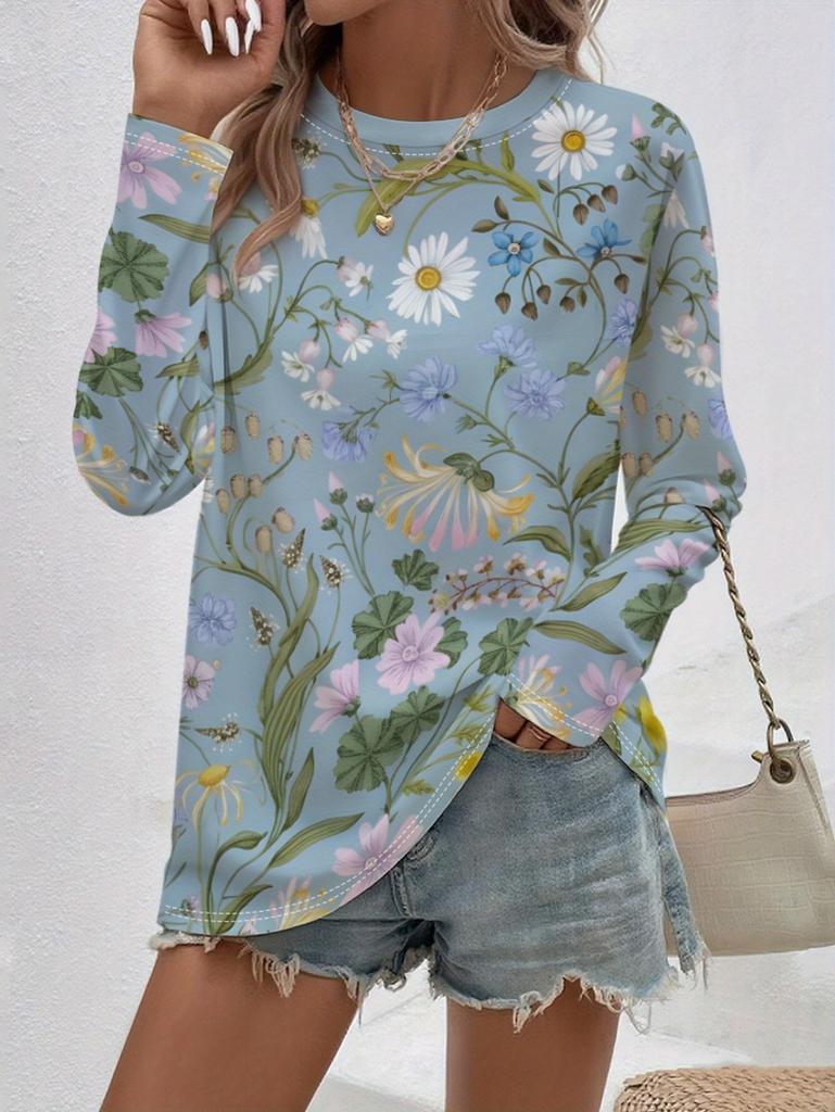 Women's T-Shirt Floral Graphic Plants Retro Long Sleeve O-Neck Pullover Regular Tops Daily 3D Print Autumn Tees Female Clothing