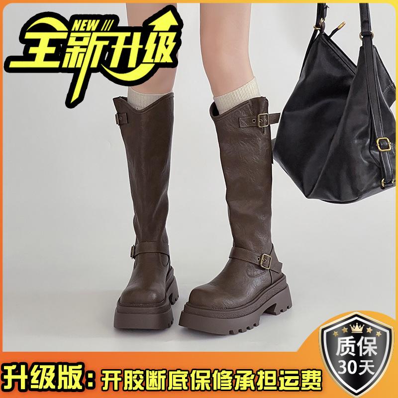 2025 autumn British style leather boots platform belt buckle knight boots women's fashion retro versatile but knee fashion boots