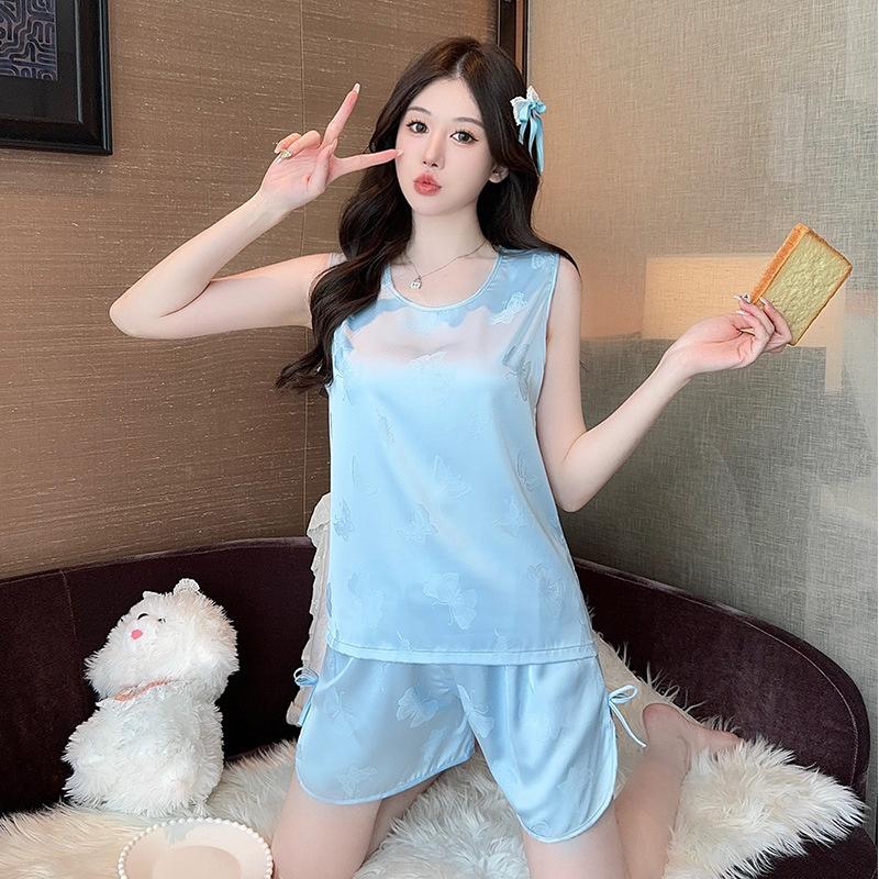 

Women’s Summer Ice Silk Pajama Set Sleeveless Top and Shorts Jacquard Pattern Faux Silk Loungewear Sleepwear XXL синій