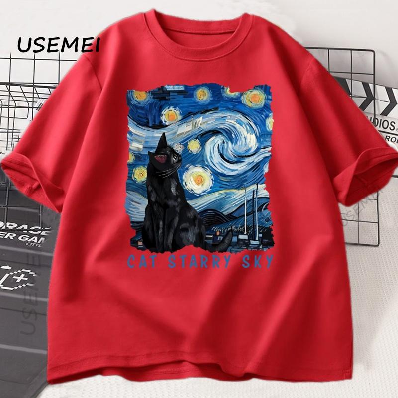 

Cute Black Cat Starry Sky Night Vintage T-shirt Men Women Cotton Short Sleeve Round Neck Tshirt Casual Graphic Tshirt Clothes M