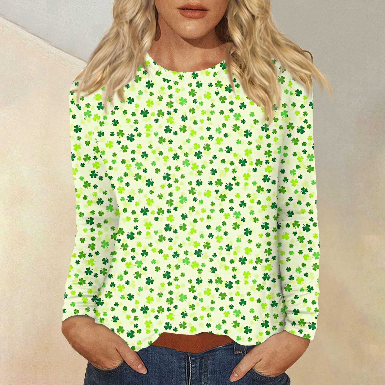 

Женская повседневная повседневная рубашка с длинным рукавом. Топ с круглым вырезом и принтом ко Дню Святого Патрика S