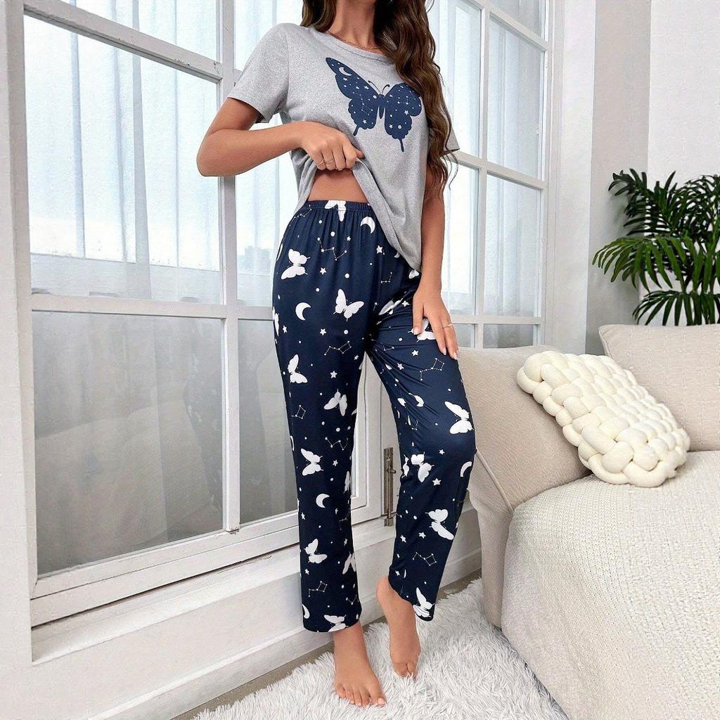 Homewear Suit, Butterfly Printing Short-sleeved Trousers, Comfortable and Universal In All Seasons