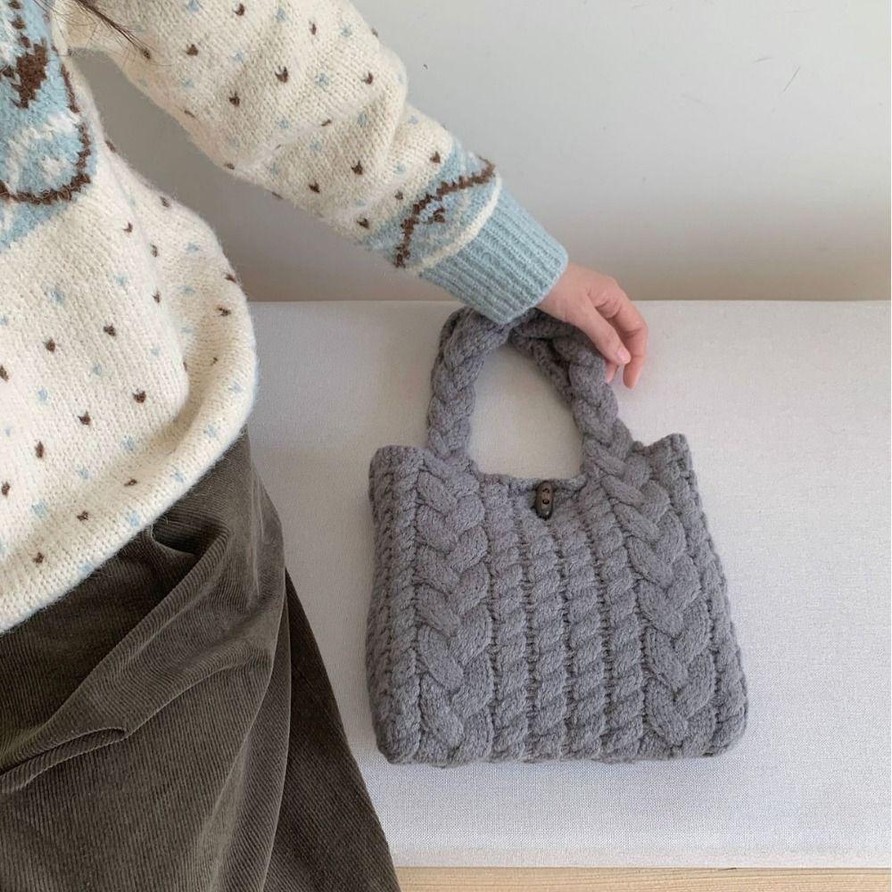 Cow Horn Button Twists Knitted Handbag Multicolor Knitted Wrist Bag Weave Woolen Bag Shopping Bag