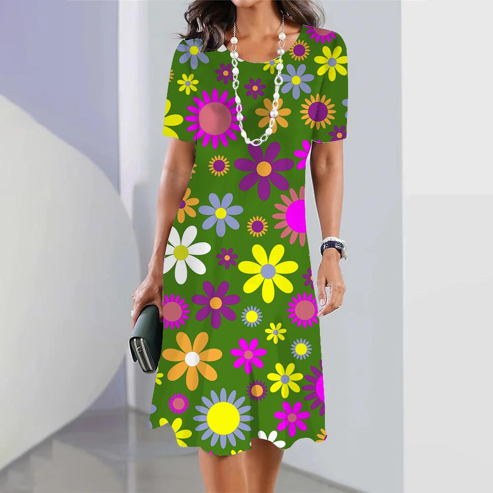 Summer Women's Long Dress Round Neck Long Dress Female Dress Vacation Beach Casual Short Sleeve Elegant Loose Dress