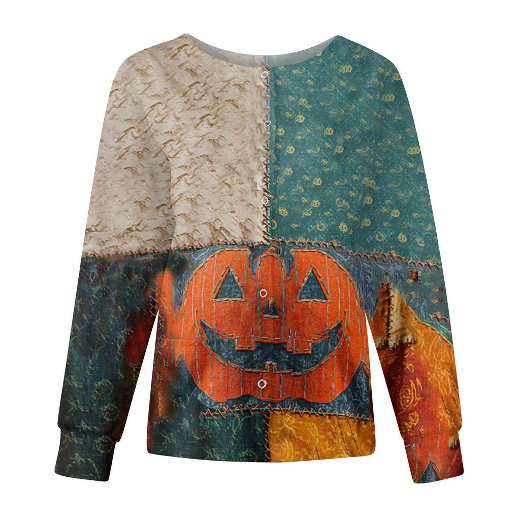Women's Casual Fashion Long Sleeve Standing Collar Single Breasted Halloween Print Workwear Jacket Tops