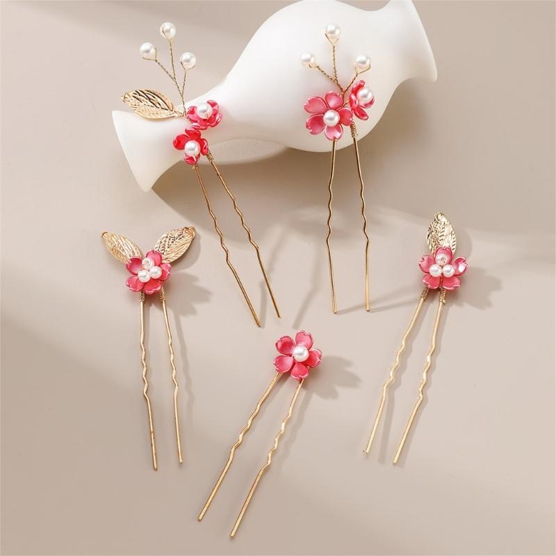 5Pcs U Shaped Hairpin Flower Wedding Hair Clip Comb with Pearls Handmade Hair Accessories for Bride and Bridesmaids