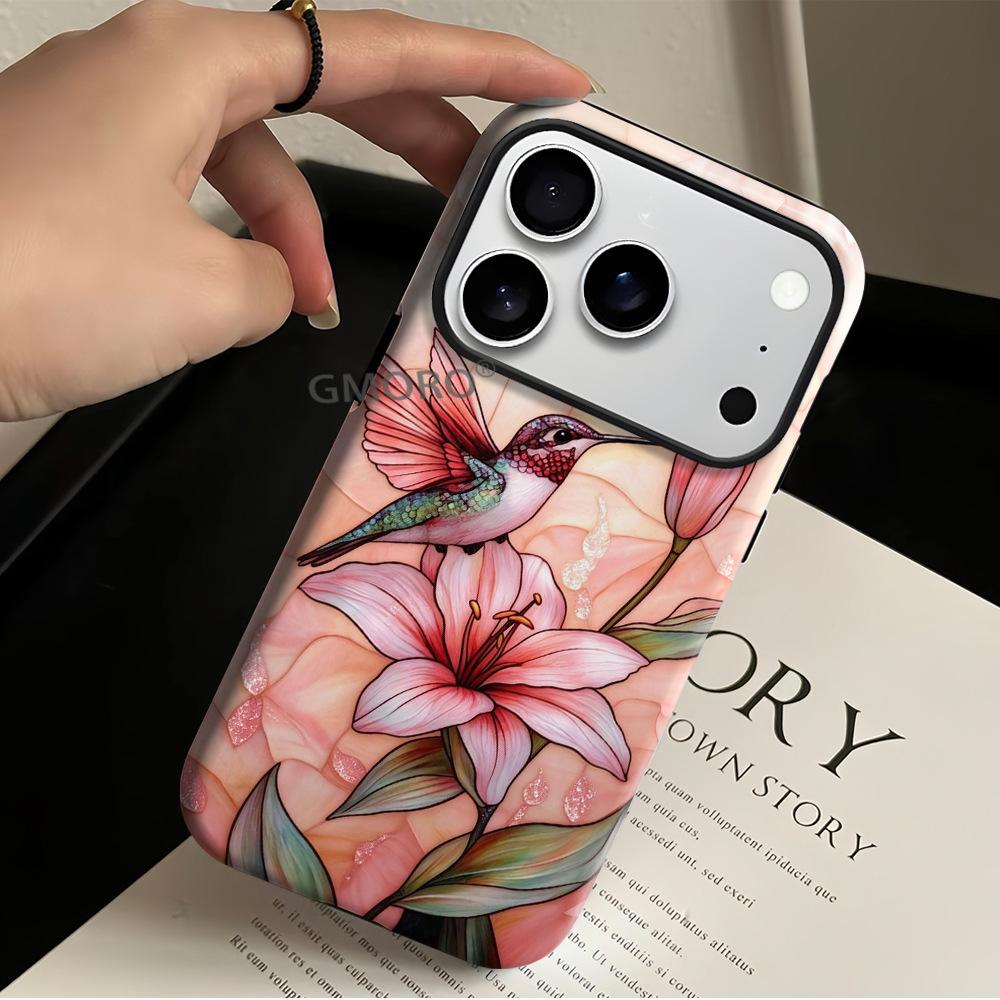 Watercolor Hummingbird Lily Retro Mobile Phone Case iPhone17promax Apple Protective Case 2-in-1 Film Case