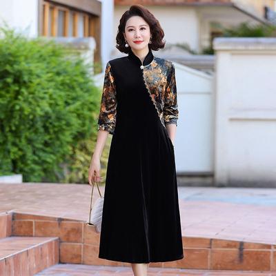 Women's Loose Plus Size Velvet Dress Color-Block Printed  Velvet Long A-Line Dress
