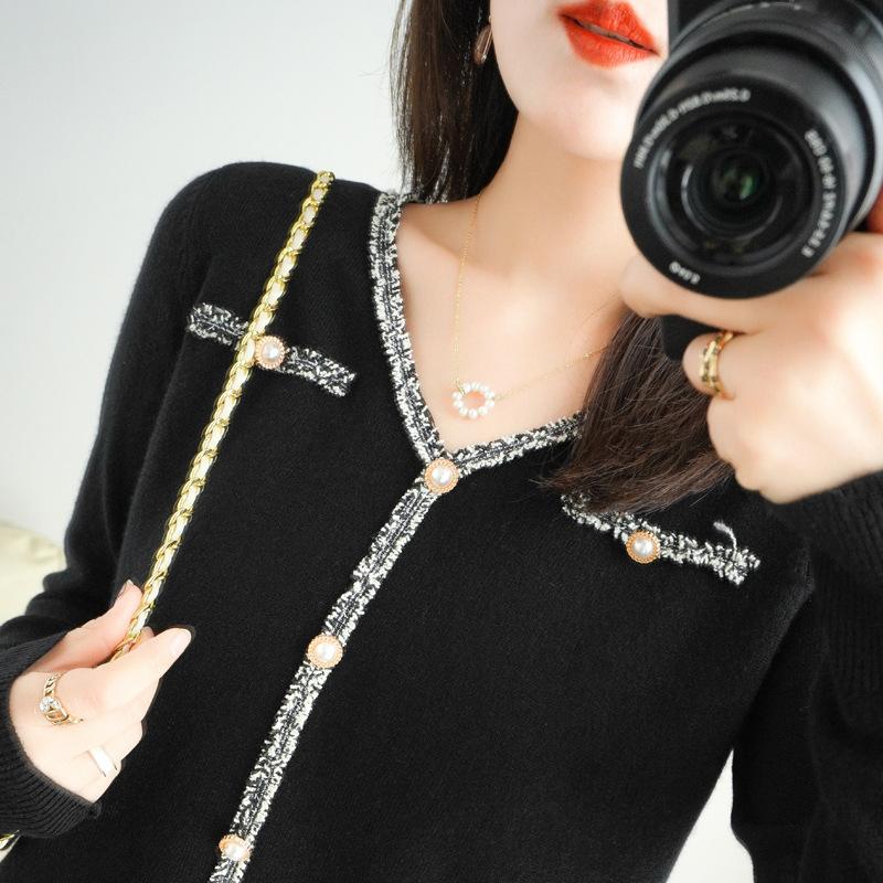 Women Summer Knitted Sweater Thin V-neck Long Sleeve Pearl Beeding Outer Wear Bottoming Shirt Solid Color Black White