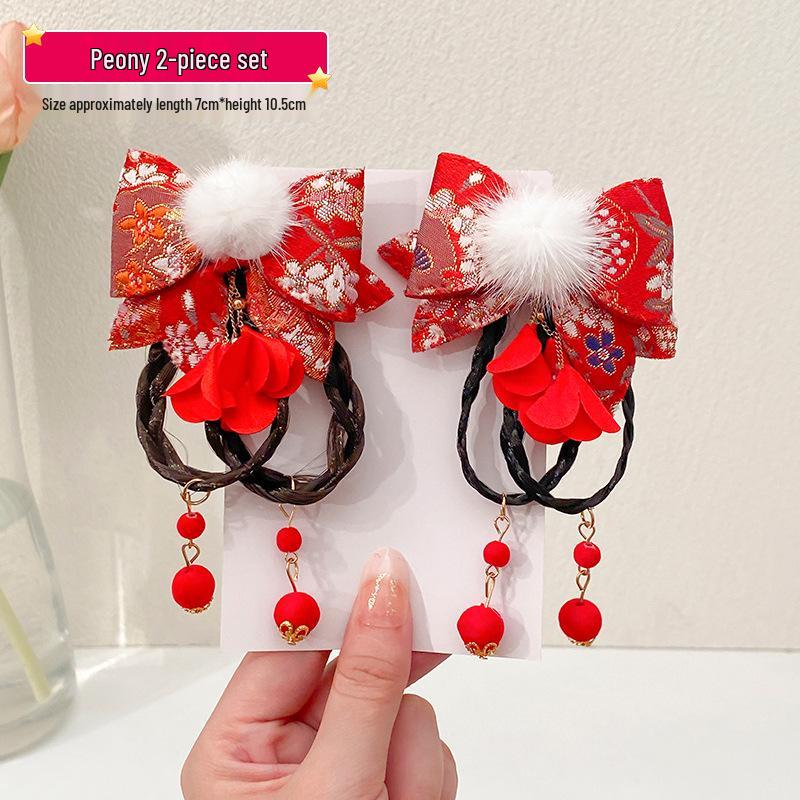 Red New Year Hanfu Hair Clips for Girls - Chinese Style Floral Headwear